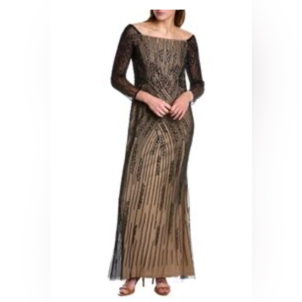 Adrianna Papell Black and Nude Off Shoulder Gown